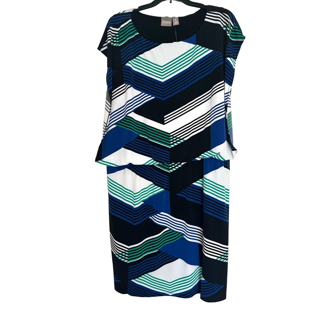 NWT Chico's "Kellie Blouson Knee" Black Geometric Striped Green/Blue/White Dress